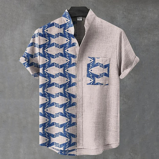 Japanese Fish Patchwork Art Shirt – Premium Oversized Linen-Feel Shirt for Men (S–6XL)