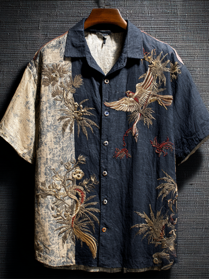Japanese Crane Patchwork Art Shirt – Premium Oversized Button-Down Shirt for Men (S–6XL)