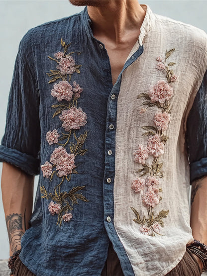 Japanese Floral Embroidery Two-Tone Zen Shirt – Premium Oversized Linen-Feel Shirt for Men (S–6XL)