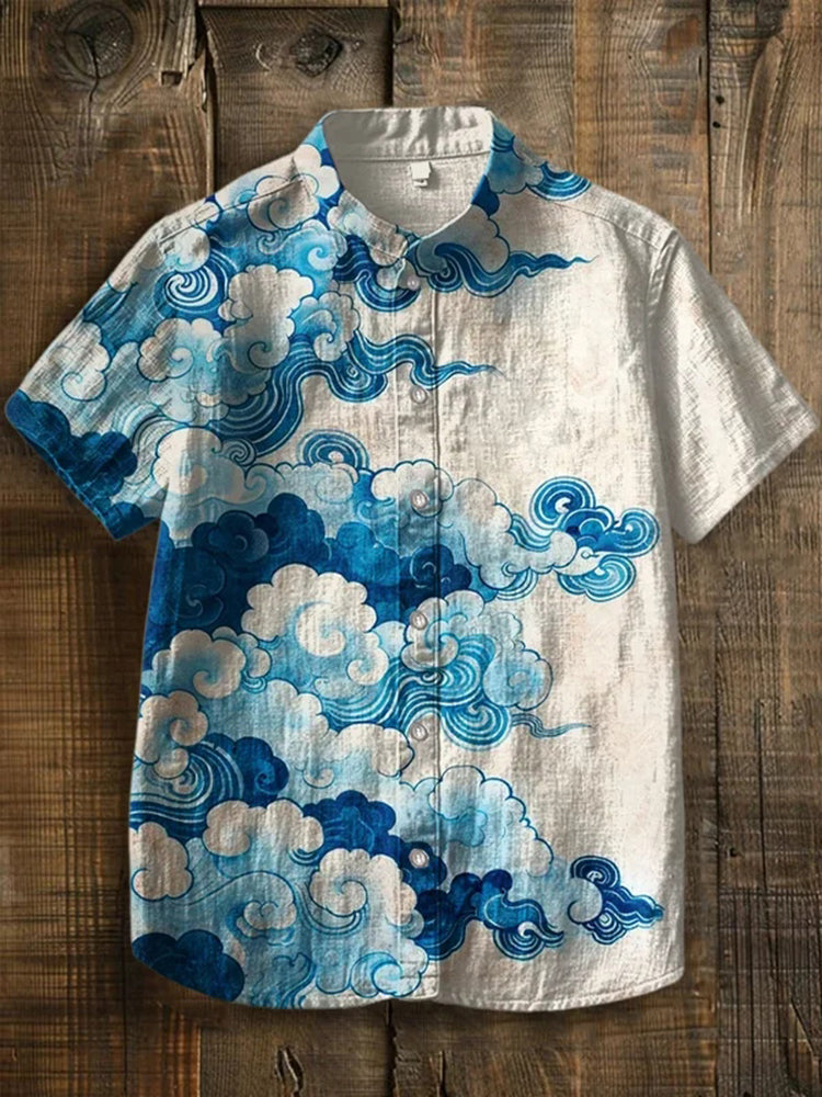 Japanese Cloud Wave Art Shirt – Premium Oversized Linen-Feel Shirt for Men (S–6XL)