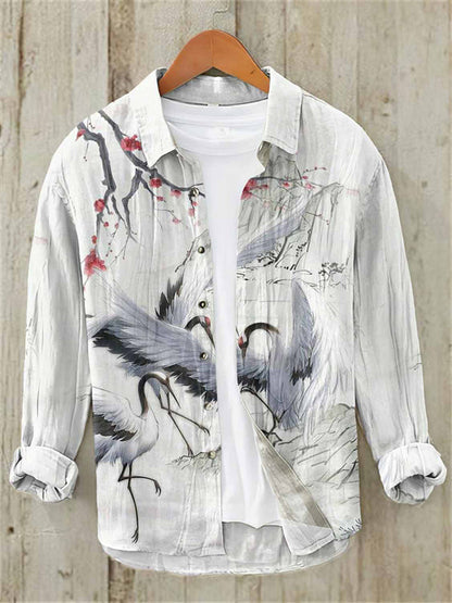 Japanese Crane Ink Art Zen Overshirt – Premium Oversized White Linen-Feel Shirt for Men (S–6XL)