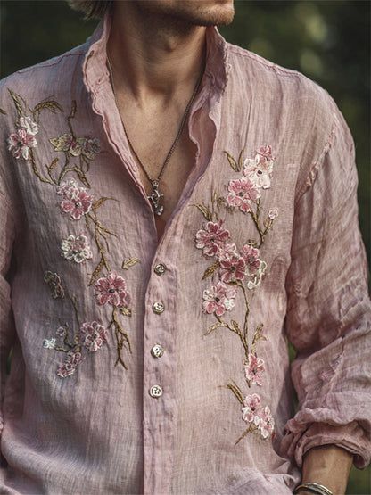 Japanese Blossom Embroidery Zen Linen Shirt – Premium Oversized Blush Pink Shirt for Men (S–6XL)