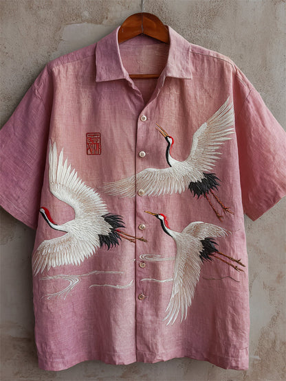 Japanese Crane Flight Art Shirt – Premium Oversized Pink Linen-Feel Shirt for Men (S–6XL)