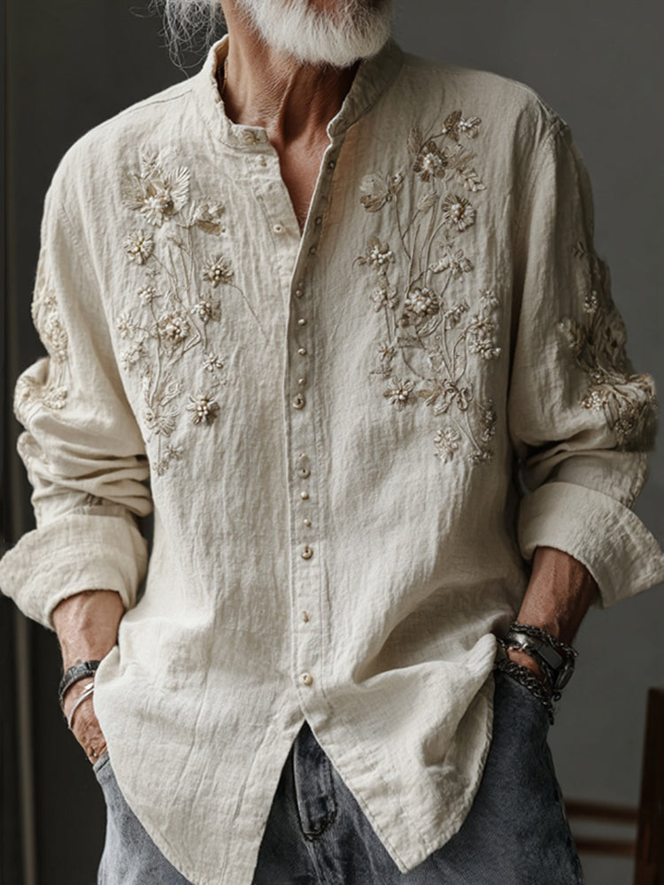 Japanese Floral Embroidery Zen Linen Shirt – Premium Oversized Ivory Shirt for Men (S–6XL)