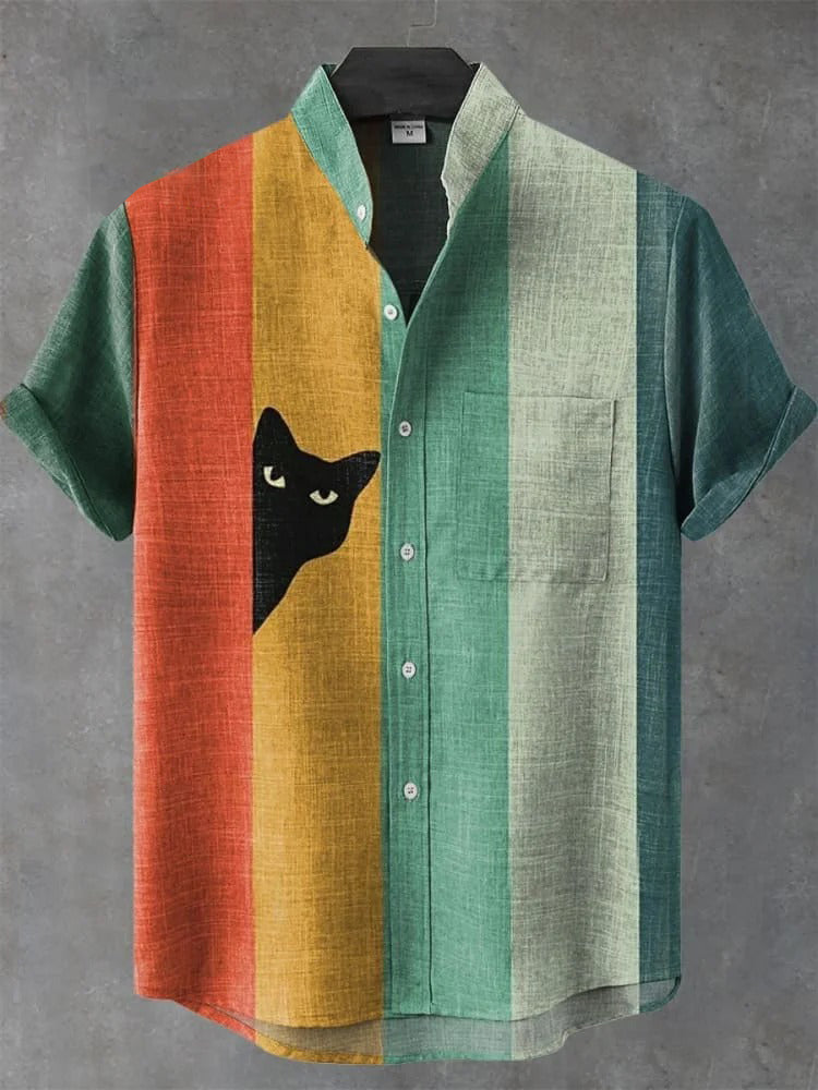 Abstract Cat Stripe Art Shirt – Premium Oversized Linen-Feel Shirt for Men (S–6XL)