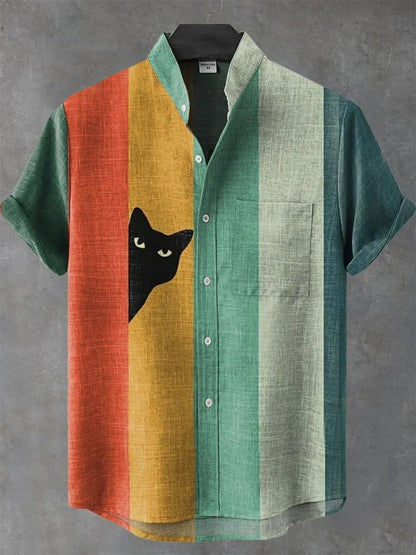 Abstract Cat Stripe Art Shirt – Premium Oversized Linen-Feel Shirt for Men (S–6XL)