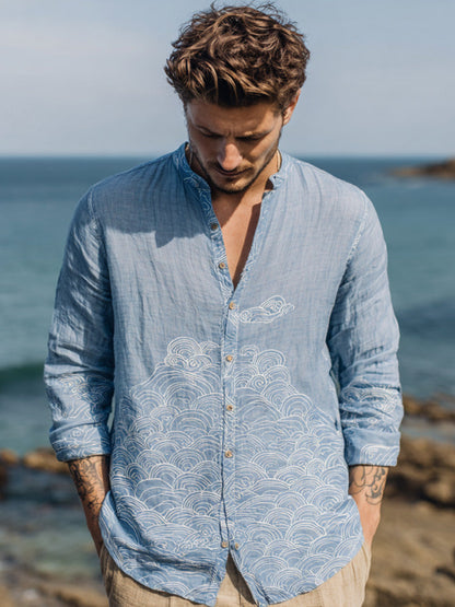 Japanese Ocean Wave Zen Shirt – Premium Oversized Sky Blue Linen-Feel Shirt for Men (S–6XL)