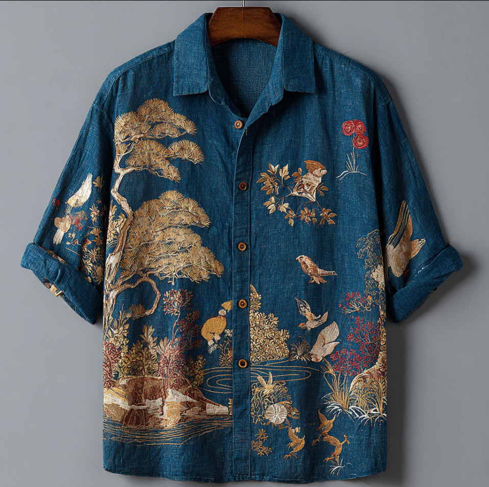 Japanese Nature Bird Art Shirt – Premium Oversized Blue Linen-Feel Shirt for Men (S–6XL)