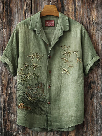 Japanese Bamboo Embroidery Art Shirt – Premium Oversized Sage Green Shirt for Men (S–6XL)