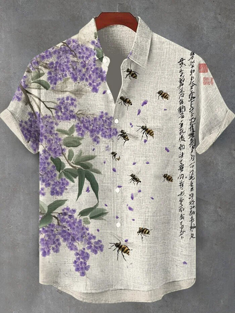 Japanese Floral Calligraphy Art Shirt – Premium Oversized Linen-Feel Shirt for Men (S–6XL)