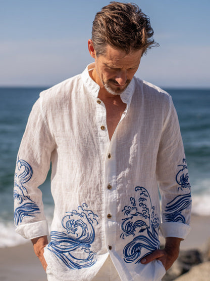 Japanese Ocean Wave Zen Linen Shirt – Premium Oversized White Coastal Shirt for Men (S–6XL)