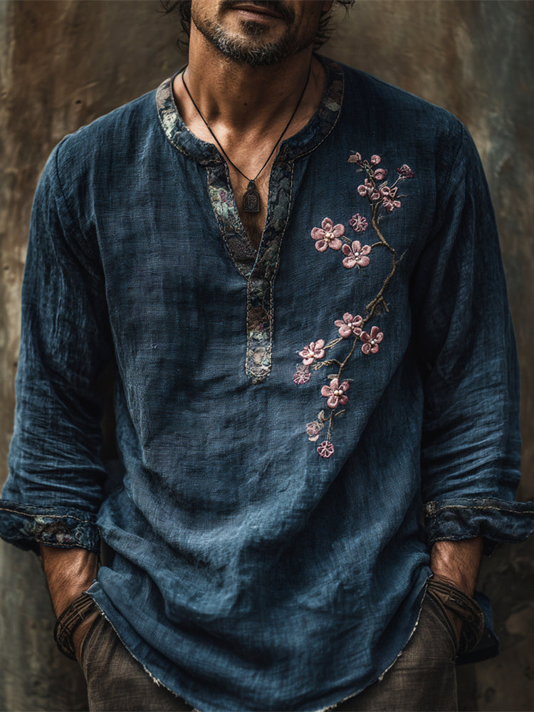 Japanese Blossom Zen Kurta Shirt – Premium Oversized Indigo Linen-Feel Shirt for Men (S–6XL)