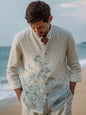 Premium Beige Linen Cotton Embroidered Ethnic Shirt for Men – Ocean Wave Artistic Design