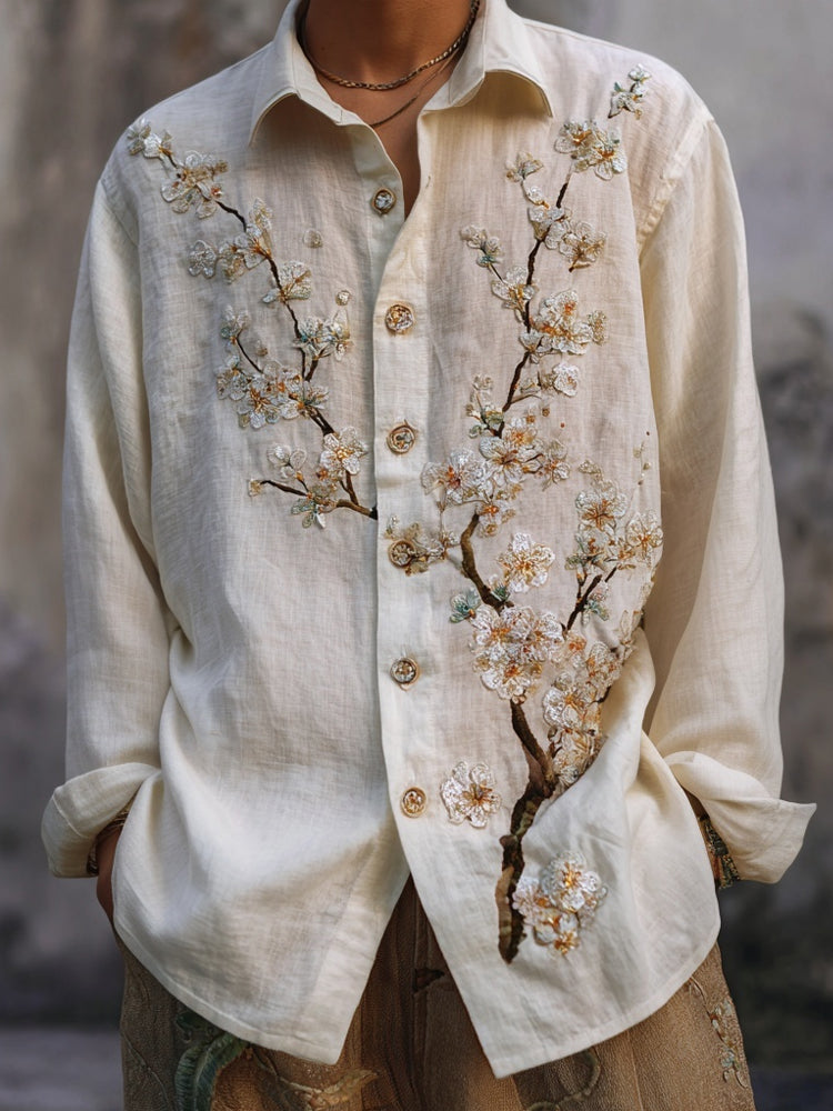 Japanese Blossom Embroidery Art Shirt – Premium Oversized Ivory Linen-Feel Shirt for Men (S–6XL)