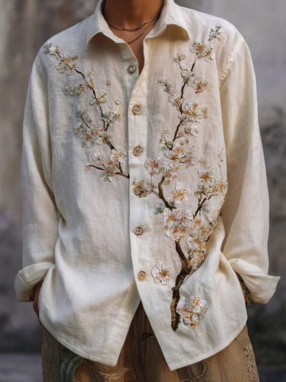 Japanese Blossom Embroidery Art Shirt – Premium Oversized Ivory Linen-Feel Shirt for Men (S–6XL)