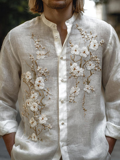 Premium White Embroidered Linen Cotton Ethnic Shirt for Men – Floral Handwork Design