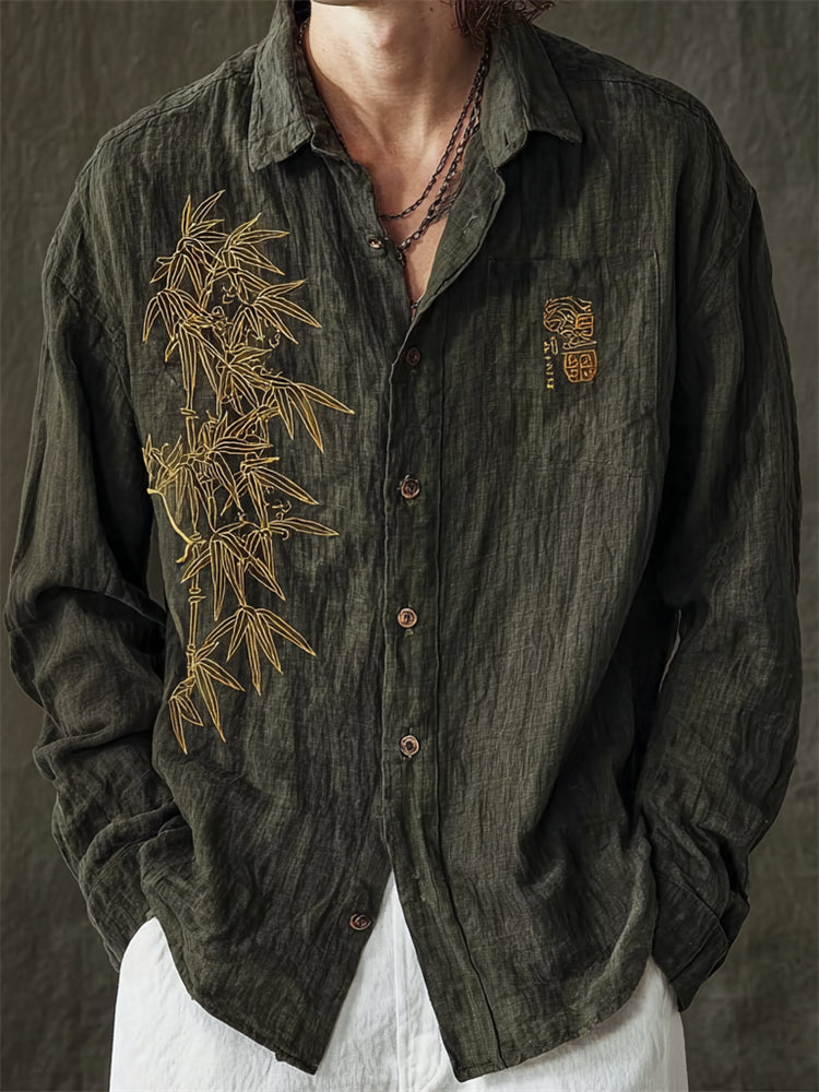 Japanese Bamboo Embroidery Zen Shirt – Premium Oversized Olive Linen-Feel Shirt for Men (S–6XL)