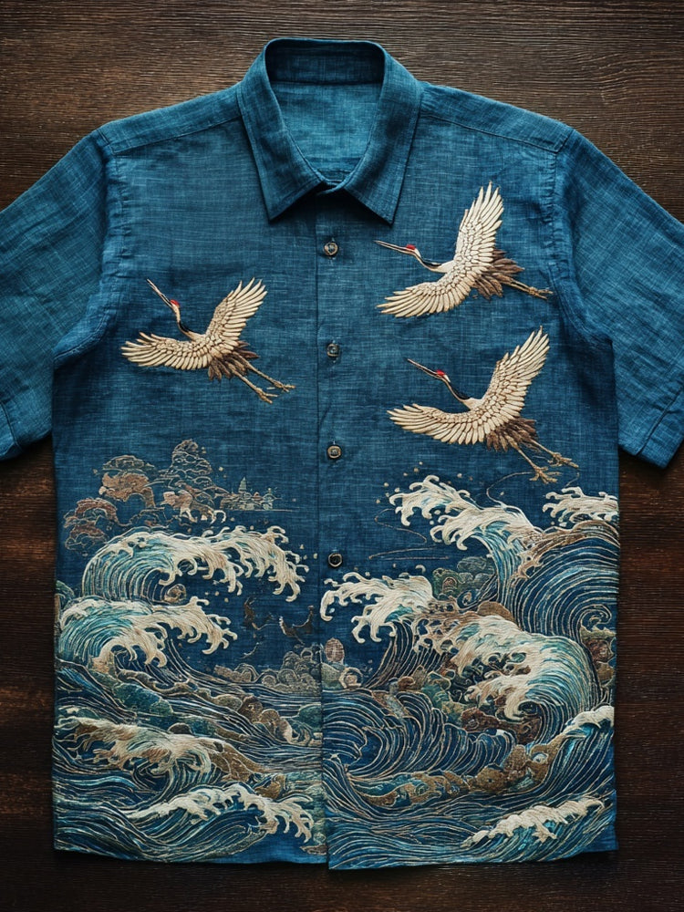 Japanese Crane Wave Art Shirt – Premium Oversized Indigo Shirt for Men (S–6XL)
