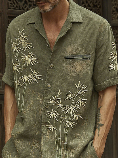 Japanese Bamboo Embroidery Art Shirt – Premium Oversized Linen-Feel Shirt for Men (S–6XL)