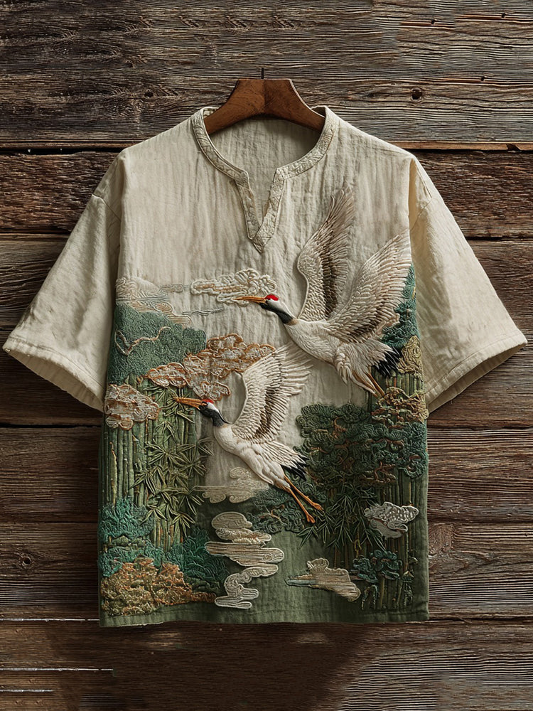 Japanese Crane Bamboo Art Shirt – Premium Ethnic Oversized Shirt for Men (S–6XL)