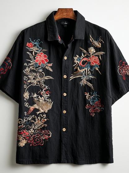 Japanese Floral Bird Embroidery Art Shirt – Premium Oversized Black Shirt for Men (S–6XL)