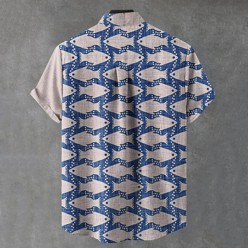 Japanese Fish Patchwork Art Shirt – Premium Oversized Linen-Feel Shirt for Men (S–6XL)