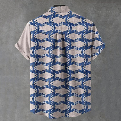 Japanese Fish Patchwork Art Shirt – Premium Oversized Linen-Feel Shirt for Men (S–6XL)